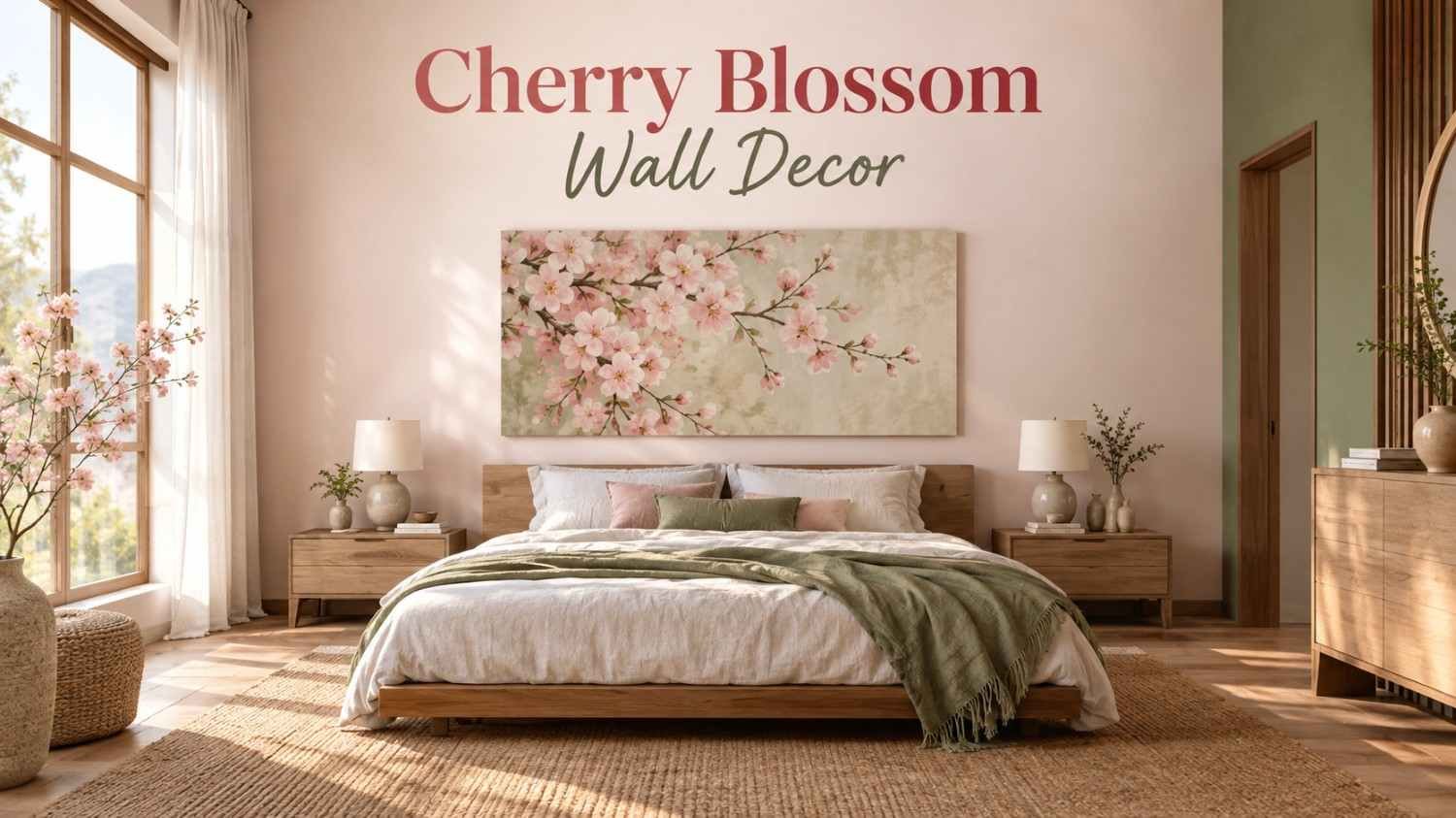 Soft pink cherry blossom wall decor above a white platform bed in a sage green and branch brown bedroom.