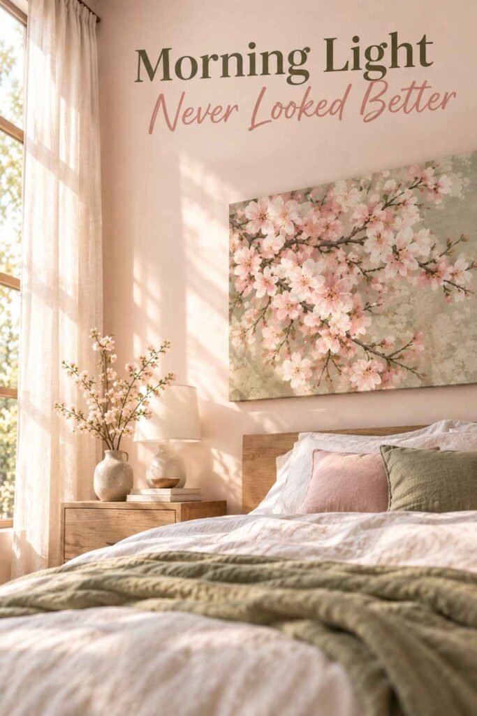 Low-angle view of a bedroom window filtering morning light onto a cherry blossom wall art panel.