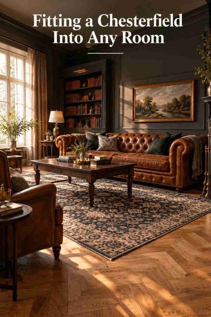 Chesterfield Sofa Living Room Ideas to Elevate Your Space in 2026 5 Three-quarter view of a living room showing a Chesterfield sofa positioned against the wall with visible floor space.