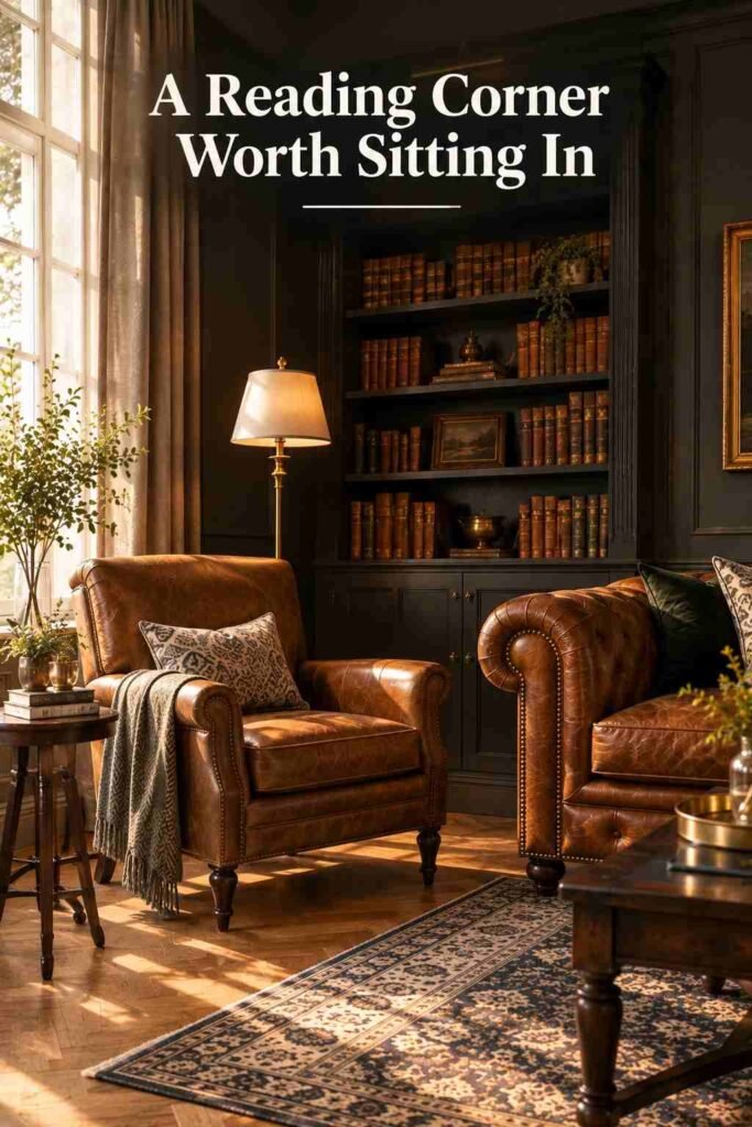 Chesterfield Sofa Living Room Ideas to Elevate Your Space in 2026 8 Charcoal and cream patterned rug on herringbone flooring beneath a Chesterfield sofa.
