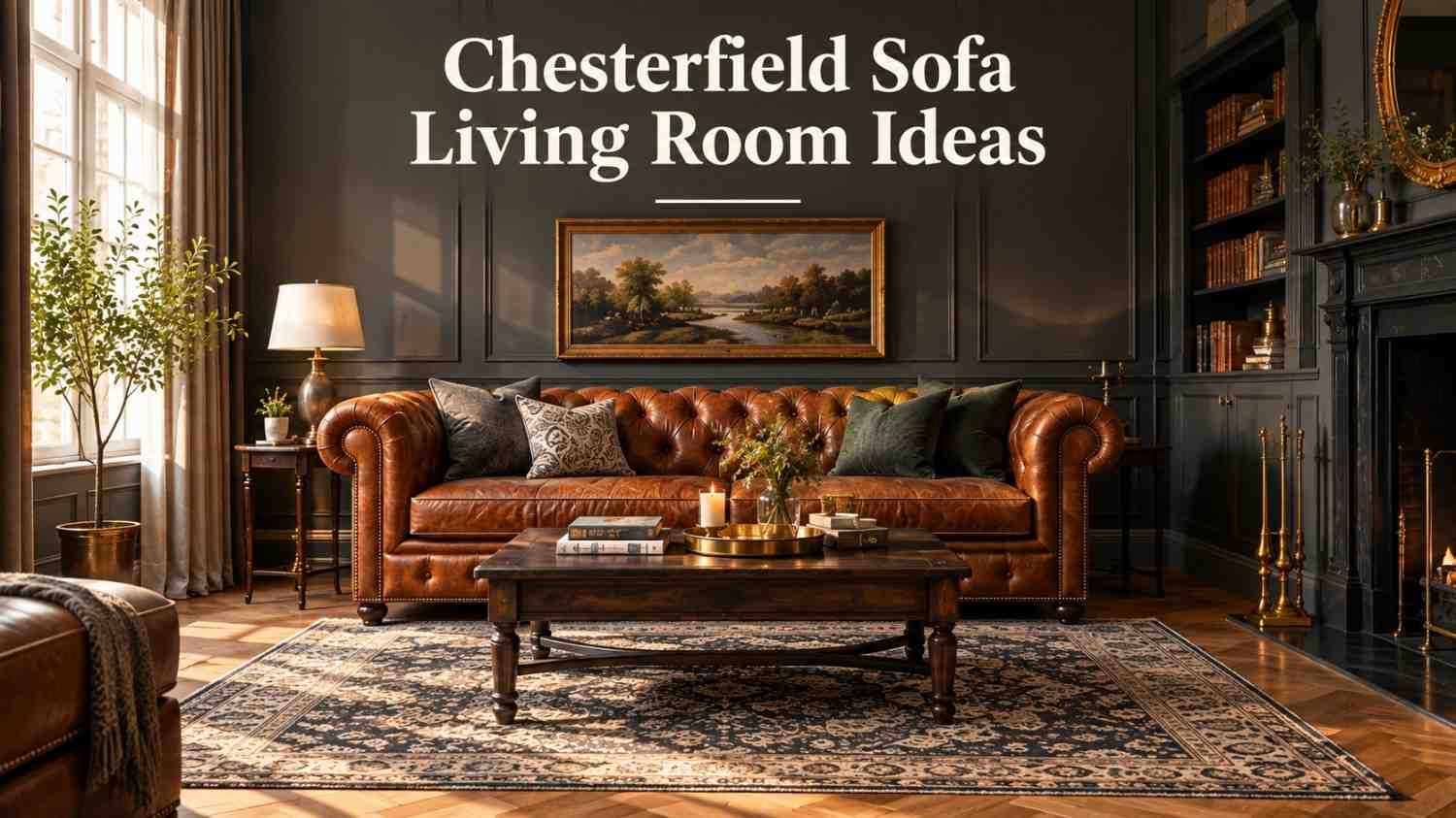 Tufted cognac leather Chesterfield sofa in a living room with brass accents and herringbone floor.