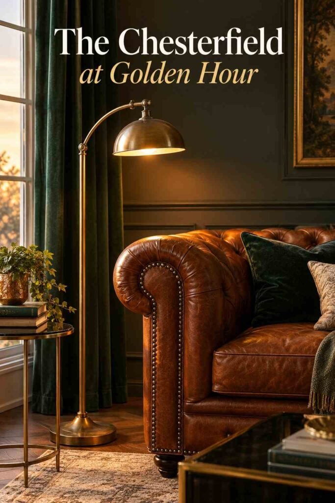 Chesterfield Sofa Living Room Ideas to Elevate Your Space in 2026 10 Brass floor lamp glowing beside a cognac leather Chesterfield sofa arm at dusk.