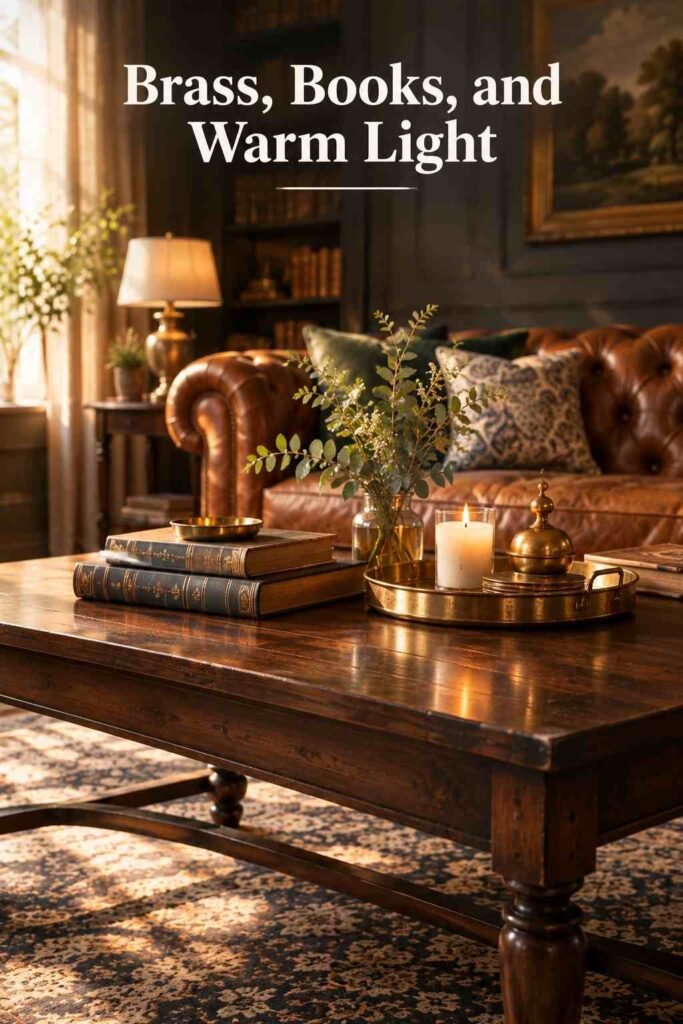Chesterfield Sofa Living Room Ideas to Elevate Your Space in 2026 7 Leather armchair and bookshelf beside a Chesterfield sofa forming a reading nook.