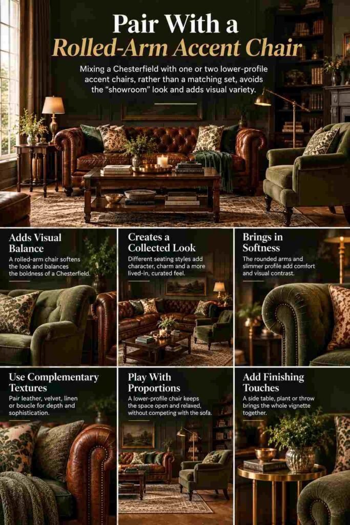 Chesterfield Sofa Living Room Ideas to Elevate Your Space in 2026 6 Brown leather Chesterfield sofa paired with a lower-profile rolled-arm accent chair in a sophisticated layered living room.