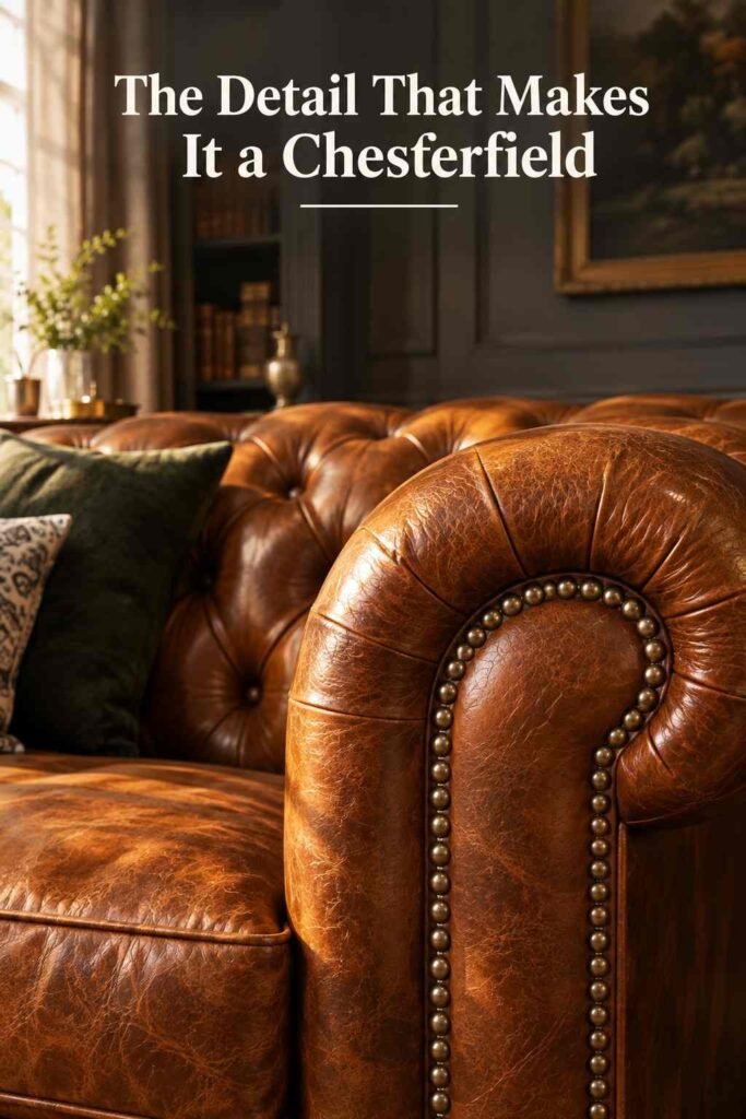 Chesterfield Sofa Living Room Ideas to Elevate Your Space in 2026 2 Close-up of button-tufted cognac leather and brass nailhead trim on a Chesterfield sofa arm.