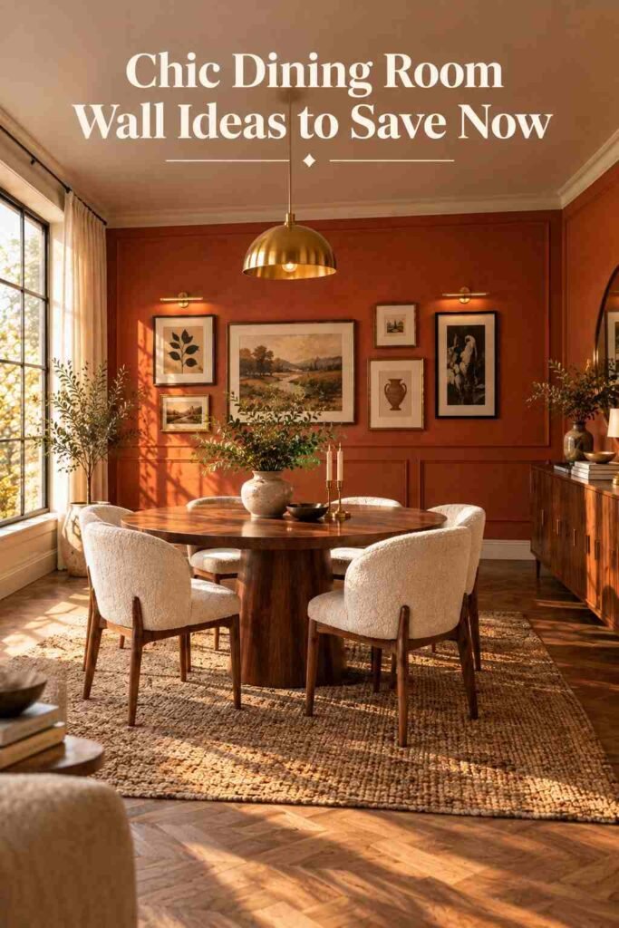 Full reverse-angle view of a chic dining room with terracotta accent wall, gallery art, and brass lighting.