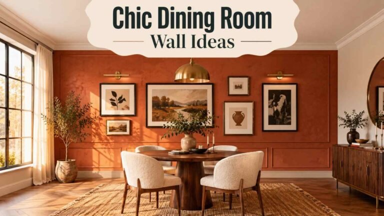 Dining room with terracotta textured accent wall, round walnut table, and brass pendant light.