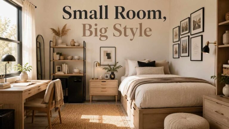 Modern minimalist dorm room in ivory and taupe with a platform bed, gallery wall, and open shelving.