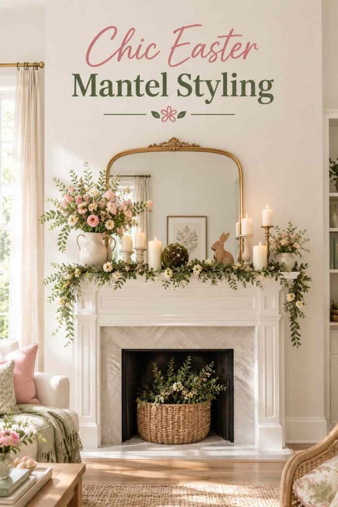 Fresh & Chic Easter Home Decor Ideas to Brighten Every Room This Spring 9 White mantel styled with cream candles, a moss ball, and a bunny silhouette accent under a large mirror.