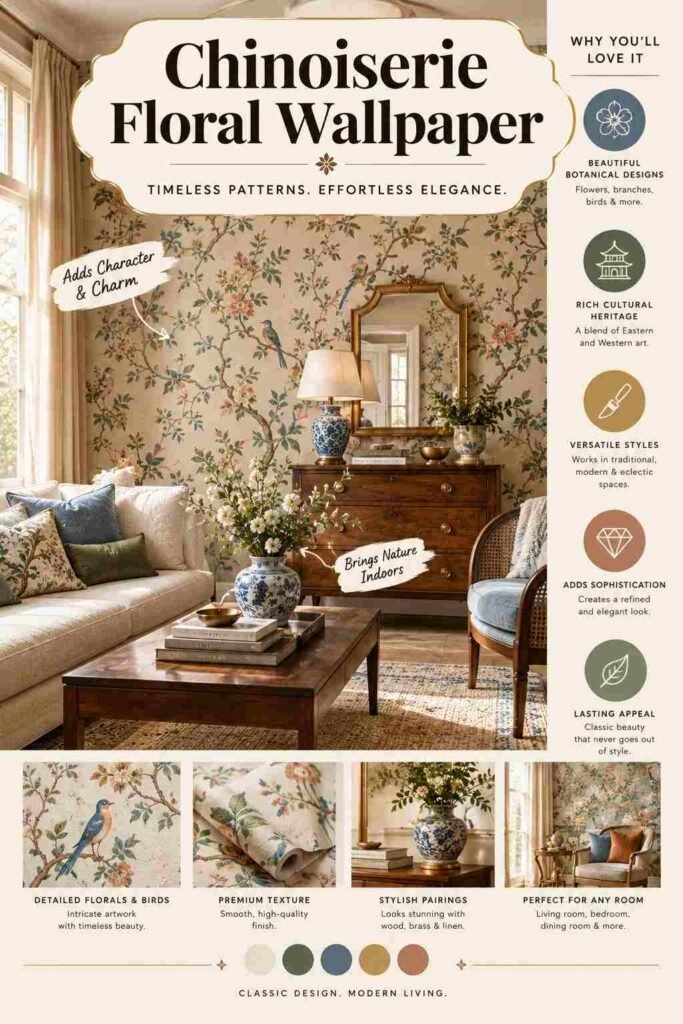 Chinoiserie floral wallpaper in an elegant living room with botanical branches, birds, wood furniture, and blue accents.