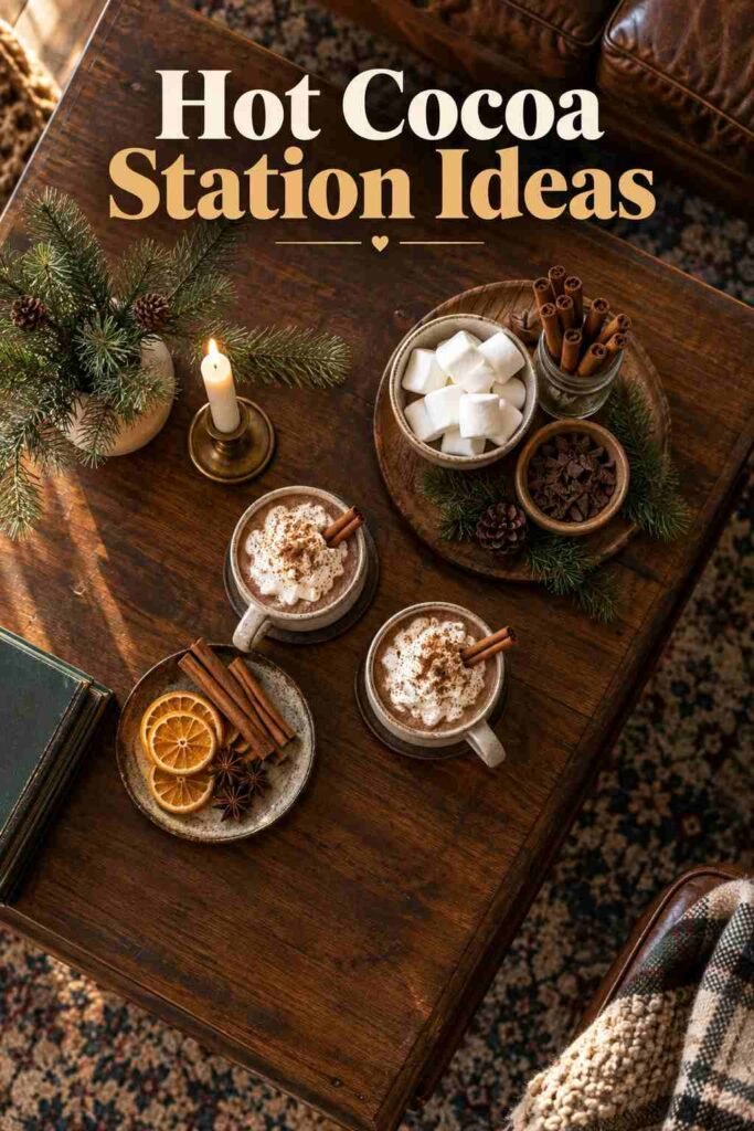 Cozy Christmas Decor Ideas to Make Every Room Feel Warm and Inviting 8 Overhead view of a walnut coffee table with hot cocoa mugs, cinnamon sticks, orange peel, and a lit candle.
