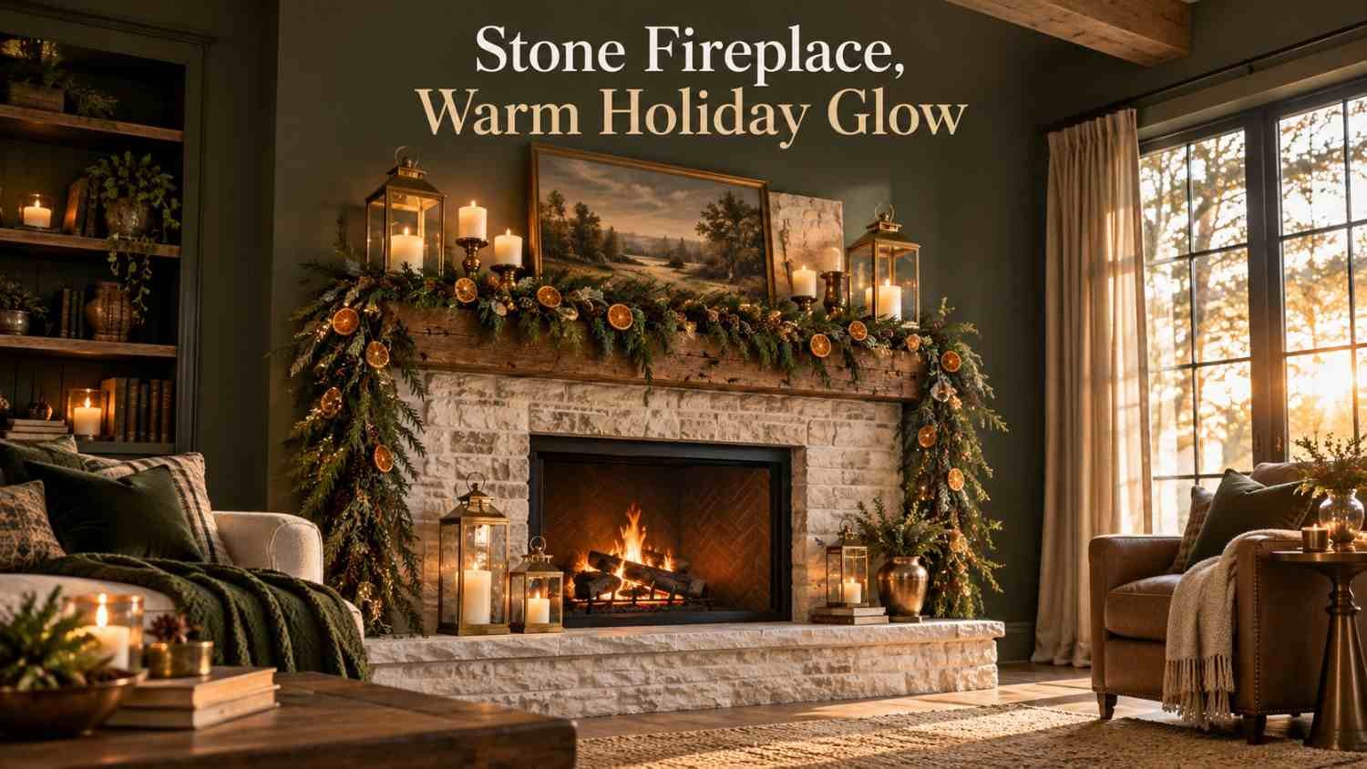 Whitewashed stone fireplace with cascading fir garland and brass lantern candles for Christmas.