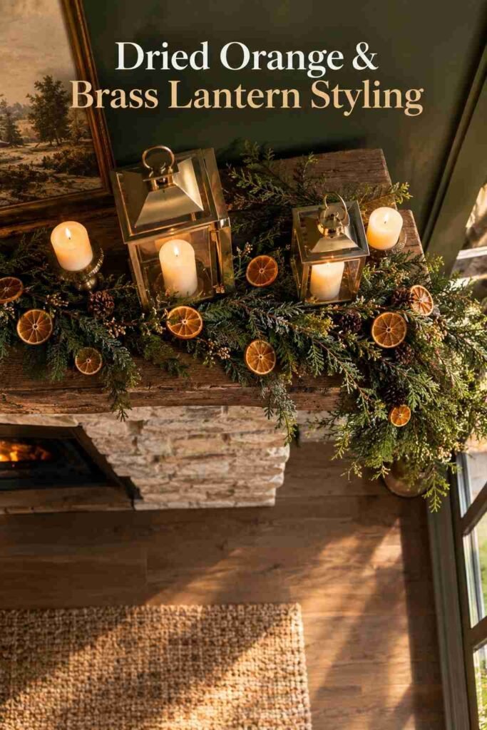 Overhead view of a Christmas mantel with brass lanterns, pillar candles, and dried orange slices.