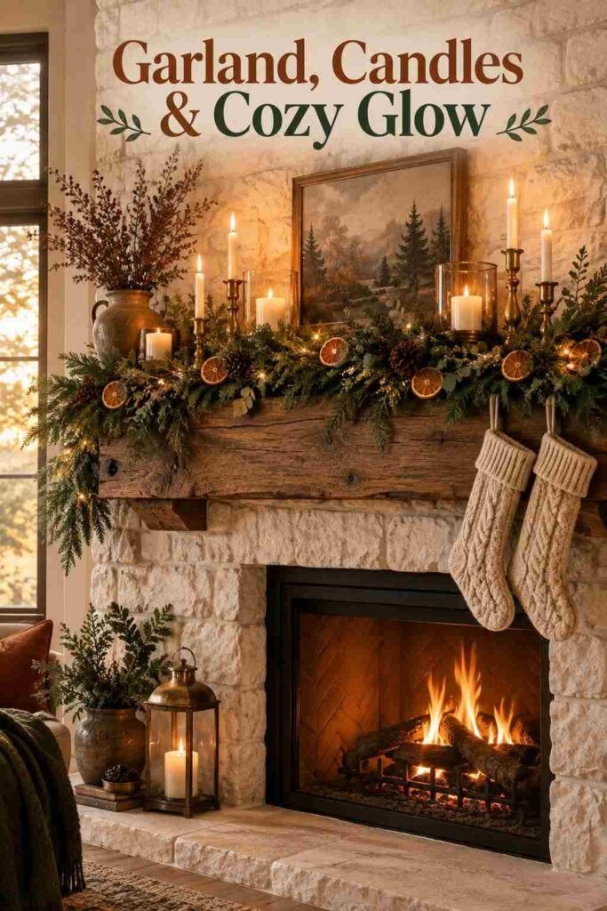 Cozy Christmas Decor Ideas to Make Every Room Feel Warm and Inviting 5 Close-up of a walnut mantel decorated with evergreen garland, dried orange slices, brass candle holders, and knit stockings.