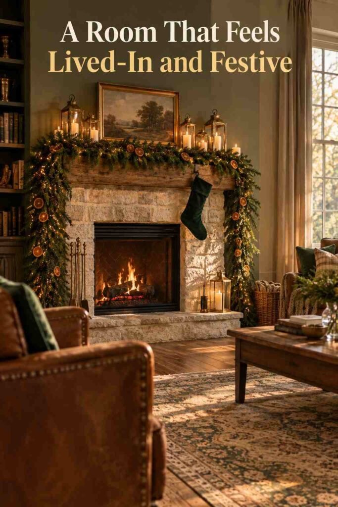 Traditional Christmas mantel decor viewed past a leather armchair in a warmly lit living room.