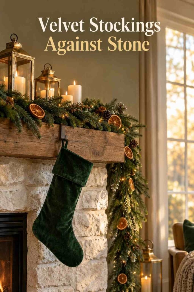 Deep green velvet stocking hanging against a whitewashed stone fireplace at Christmas.