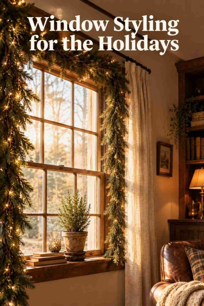 Cozy Christmas Decor Ideas to Make Every Room Feel Warm and Inviting 3 Living room window framed with evergreen garland and a warm light strand, backlit by natural afternoon light.