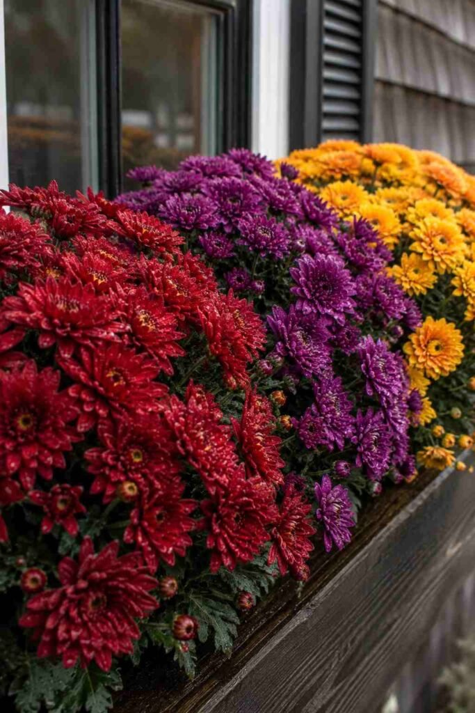 Fall Window Box Ideas to Turn Your Porch Into an Autumn Showstopper 9 Red, purple, and gold mums mixed in a fall window box.