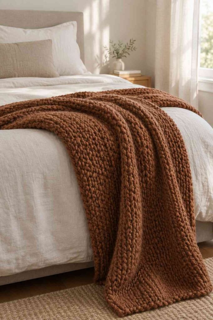 Fall Decor Indoor Ideas to Transform Your Home This Season That Actually Feel Warm 4 Chunky cinnamon knit throw blanket draped over a bed for cozy fall bedroom styling
