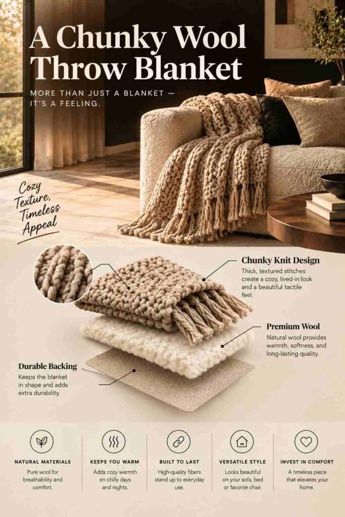 Exploded-view chunky wool throw blanket in a cozy beige living room, highlighting its thick knit texture and layered construction.