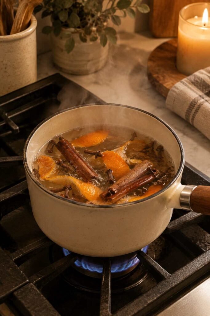 Fall Decor Indoor Ideas to Transform Your Home This Season That Actually Feel Warm 15 Cinnamon stick and clove simmer pot on a stovetop for natural fall home fragrance