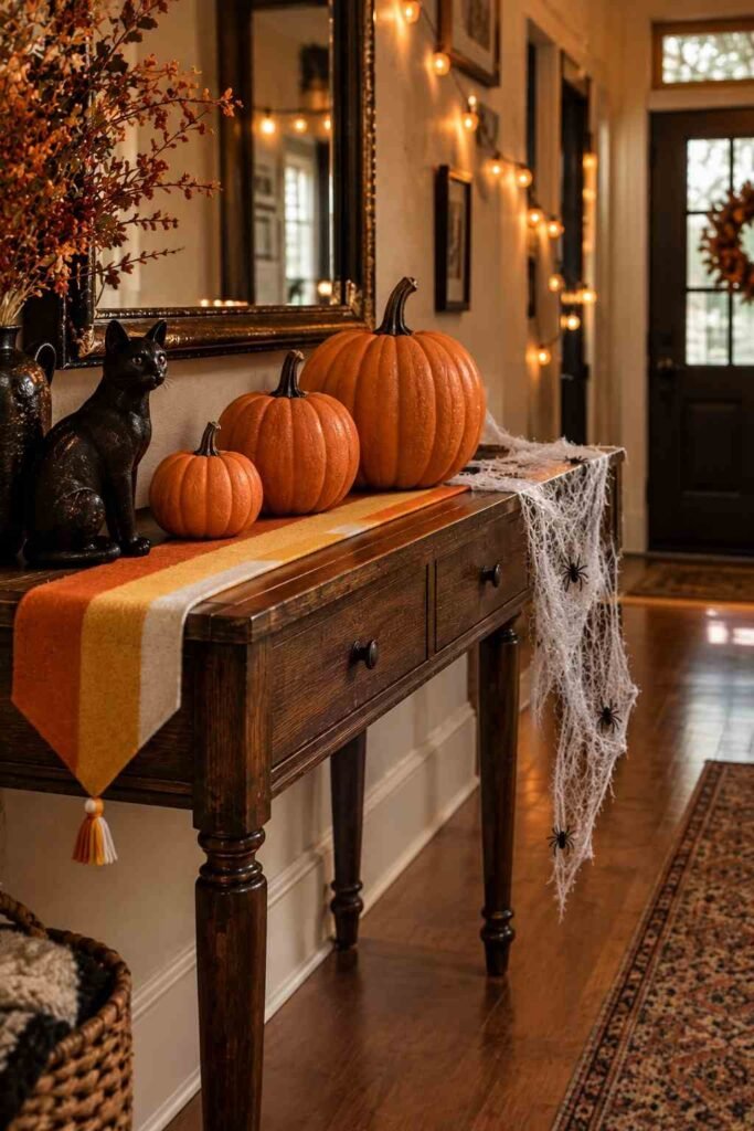 Halloween Decor for Entry Table Ideas to Welcome Guests Spooky, Elegant & Budget-Friendly 3 Classic orange and black Halloween decor for entry table with pumpkins and cobwebs