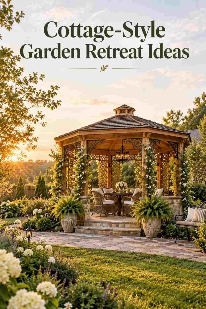 Octagonal wood gazebo with black wrought-iron trim viewed from a low garden angle.