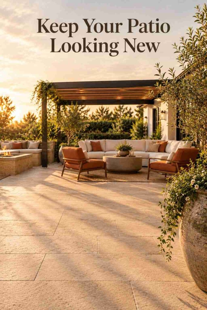Backyard Patio Designs to Transform Your Outdoor Space in 2026 14 Freshly swept stone paver patio with crisp joint lines and a potted olive tree in warm afternoon light.