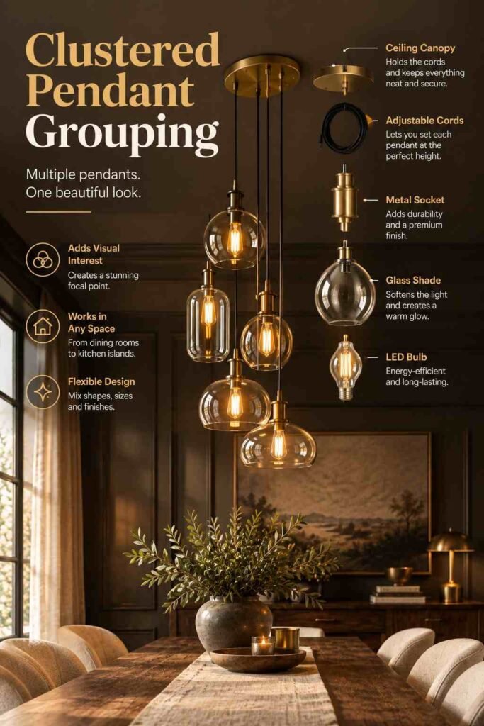 Clustered pendant lights with glass shades hanging over an elegant dining table in a warm, sophisticated room.