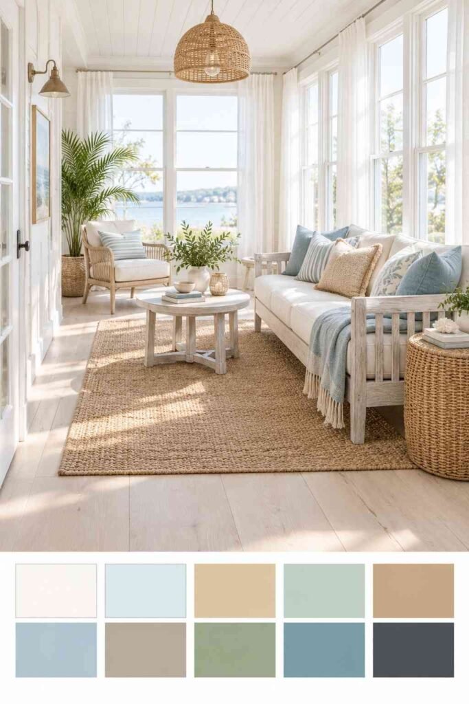 Bright coastal indoor sunroom furniture with soft blue and sandy beige color palette swatches