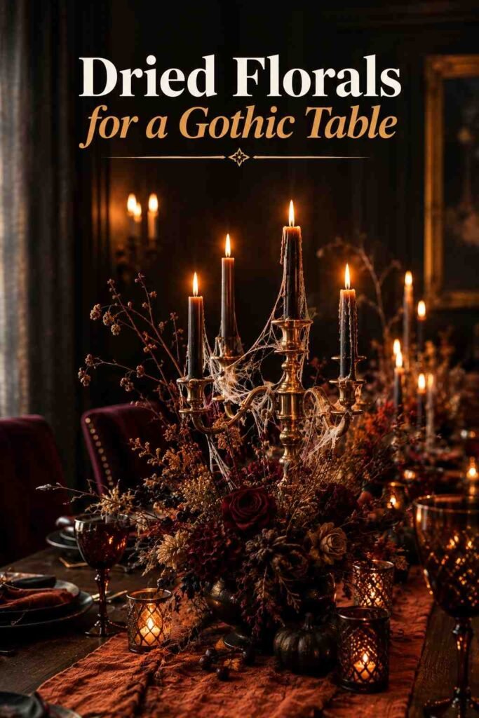 A candelabra draped in cobweb material surrounded by dried branches and dark florals on a dining table.