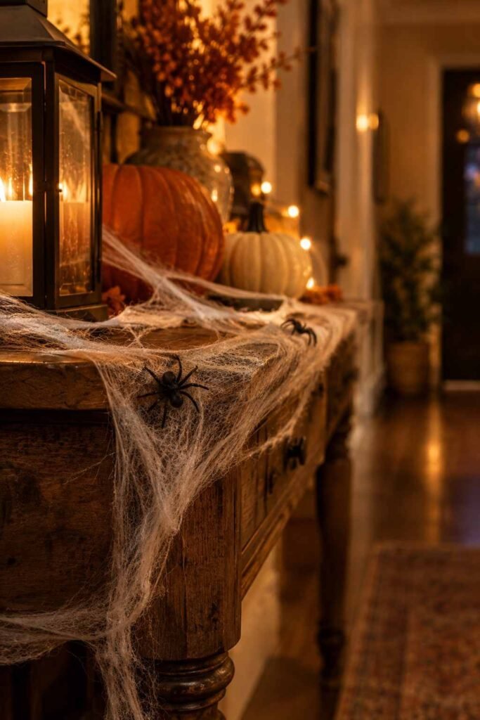 Halloween Decor for Entry Table Ideas to Welcome Guests Spooky, Elegant & Budget-Friendly 5 Faux cobweb with small black spiders draped over a Halloween entry table corner