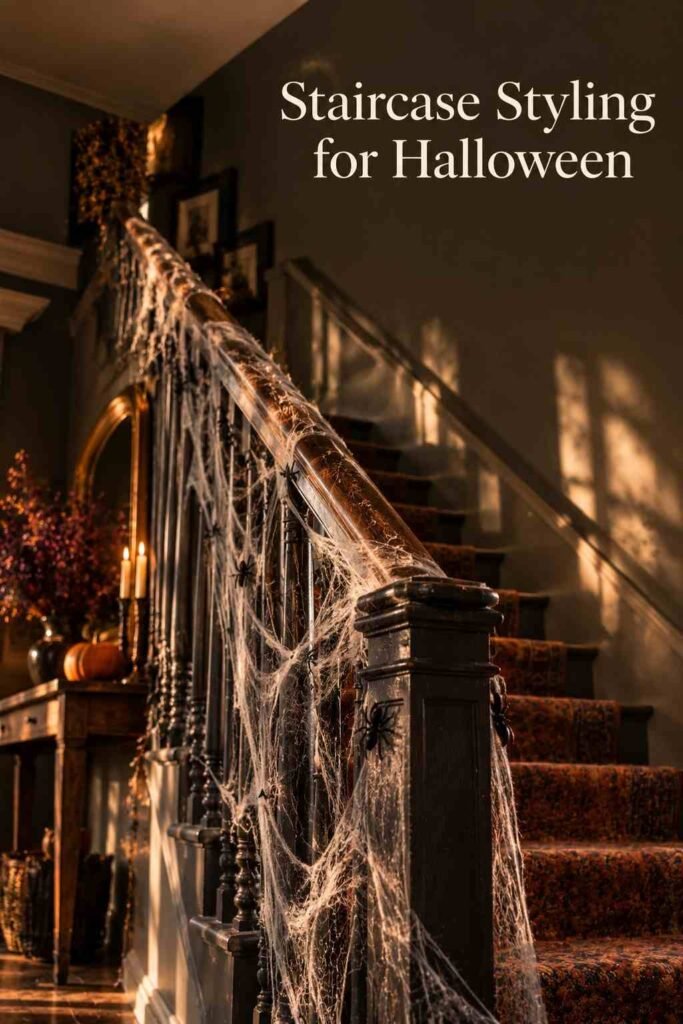 Spooky Halloween Entryway Decor Ideas for a Hauntingly Beautiful Front Entrance 2 Wood staircase banister draped with delicate cobwebbing and small spider accents in a Halloween-styled entryway.