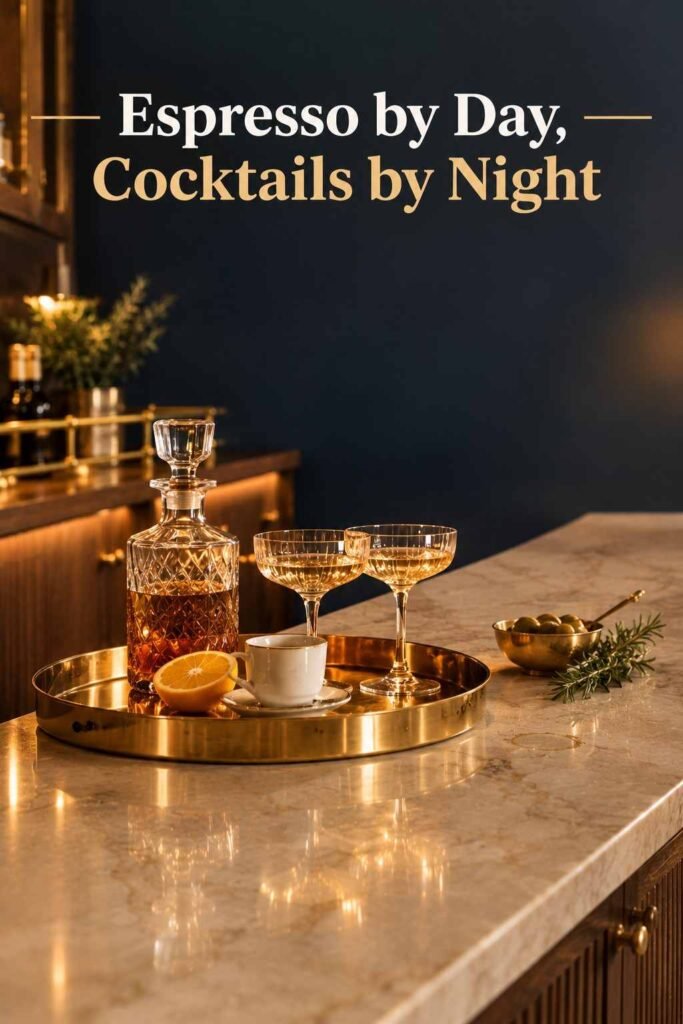 Dining Room Bar Ideas to Make Every Dinner Feel Like a Party 16 Brass tray on a cream stone counter holding a crystal decanter, two coupe glasses, halved citrus, and a small espresso cup.