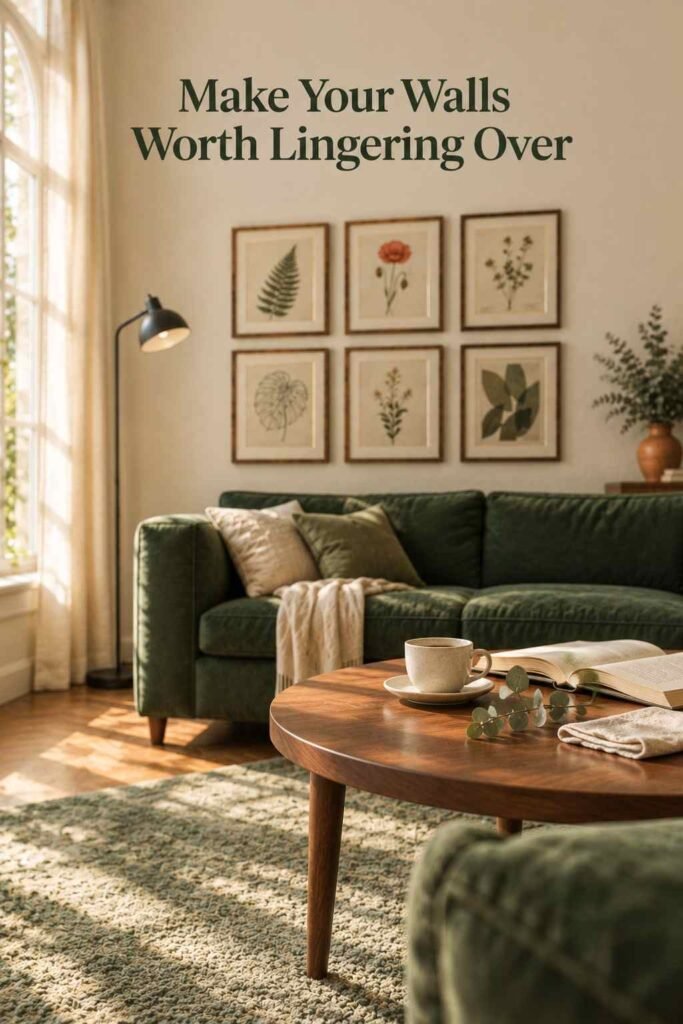Coffee table with a cream cup, an open book, and a eucalyptus sprig, with framed plant prints blurred behind.