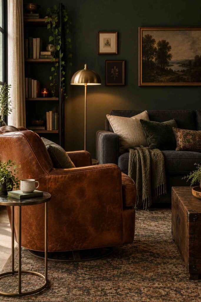 Cognac leather swivel armchair beside a small side table in a dark green living room.