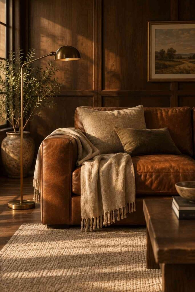 26 Dark Wood Living Room Design Ideas for Walls, Floors & Furniture 13 Cognac leather sofa with linen throw against dark wood paneling