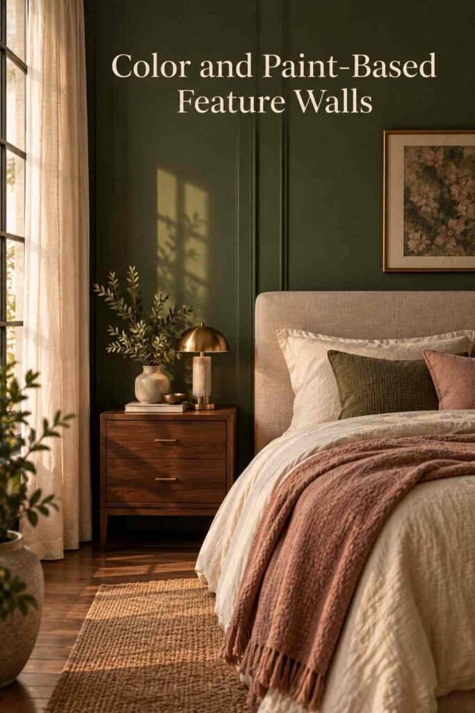 Feature Wall Bedroom Ideas: The Complete 2026 Guide to a Show-Stopping Statement Wall 3 Moody bedroom with a deep olive green painted feature wall, beige upholstered bed, walnut nightstand, brass lamp, and dusty pink bedding in warm natural light.