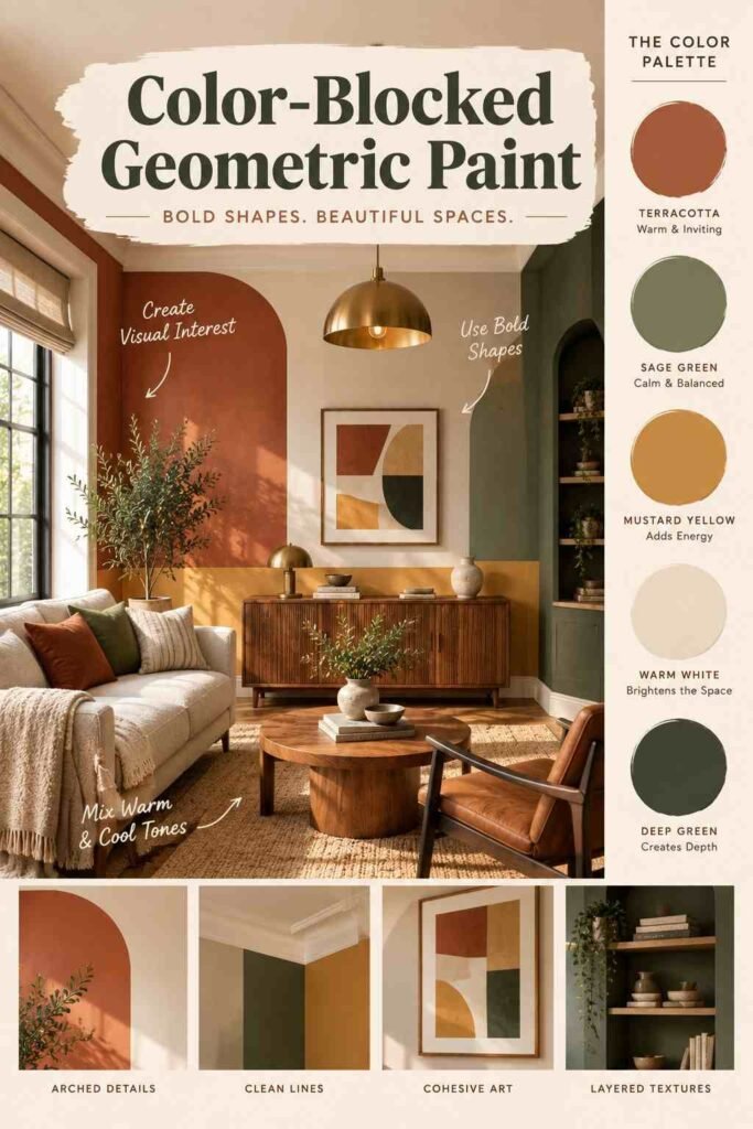Color-blocked geometric paint wall in a warm modern living room with terracotta, sage green, mustard, and cream tones.
