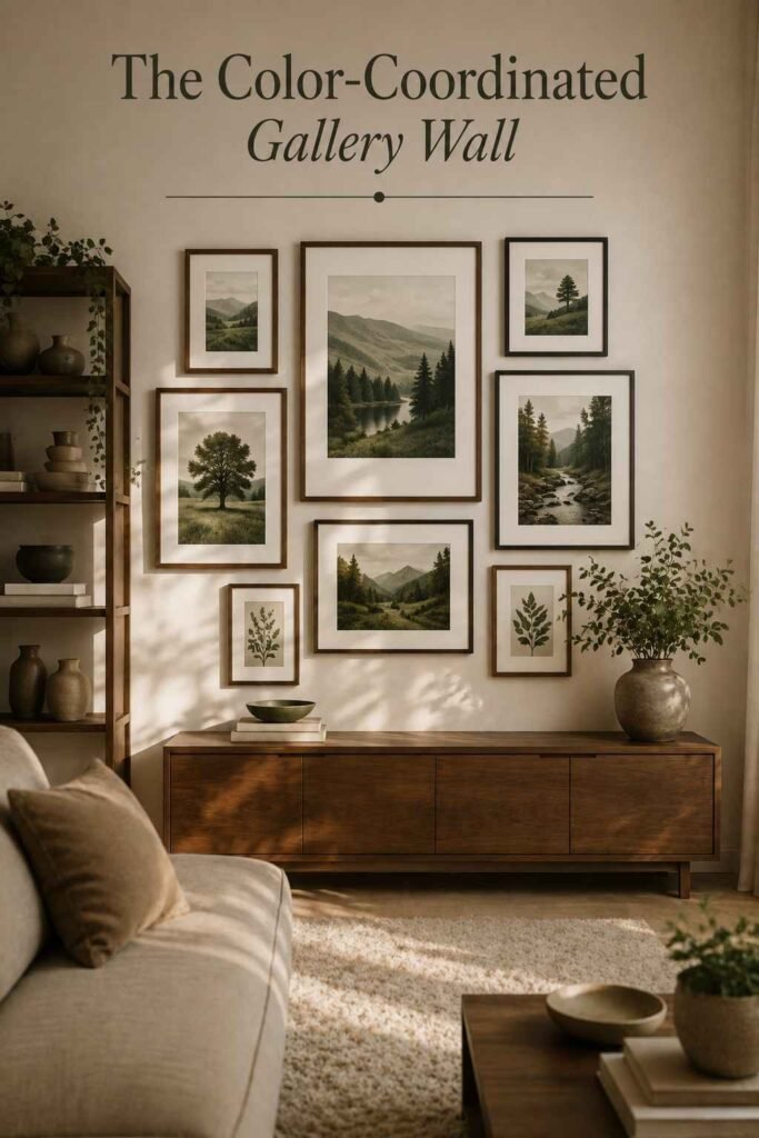 Framed photos sharing a sage-green color thread styled above a console with a matching ceramic bowl.