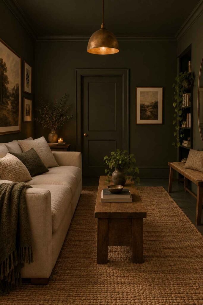 Color drenched apartment living room with walls, trim, and ceiling in one dark shade.