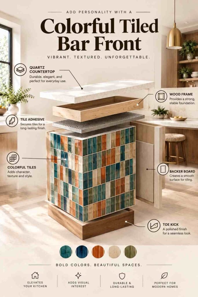 Stylish Breakfast Bar Ideas to Transform Your Kitchen in 2026 9 Colorful tiled bar front with multicolored ceramic tiles, wood framing, cream quartz countertop, and warm kitchen cabinetry in a modern interior.