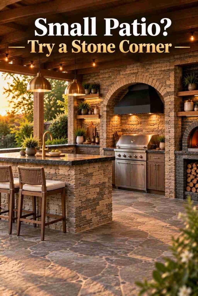 Corner of a compact stone outdoor kitchen where a ledgestone island meets an arched alcove, with two cushioned stools beside it.