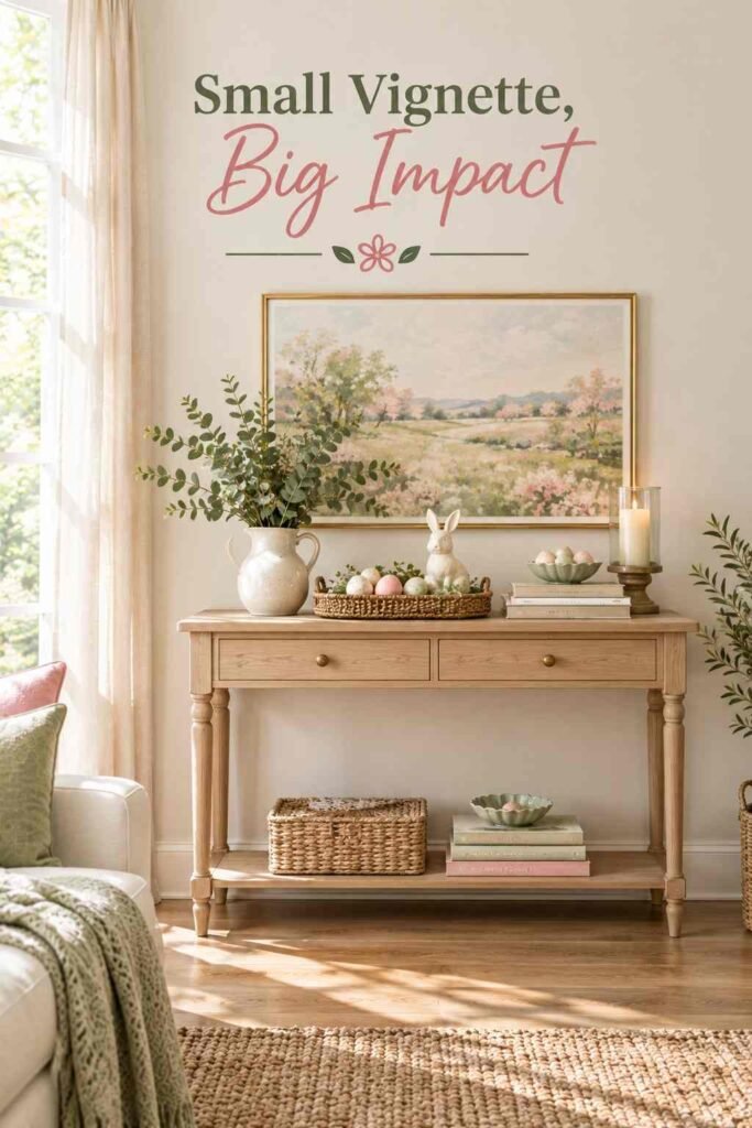 Fresh & Chic Easter Home Decor Ideas to Brighten Every Room This Spring 10 Wood console table styled with a woven tray, pastel painted eggs, and a small vase of eucalyptus.