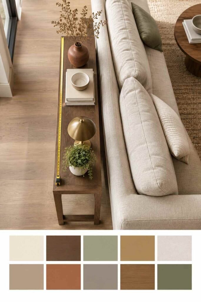 Cozy console table styling proportions showing correct table-to-sofa width ratio