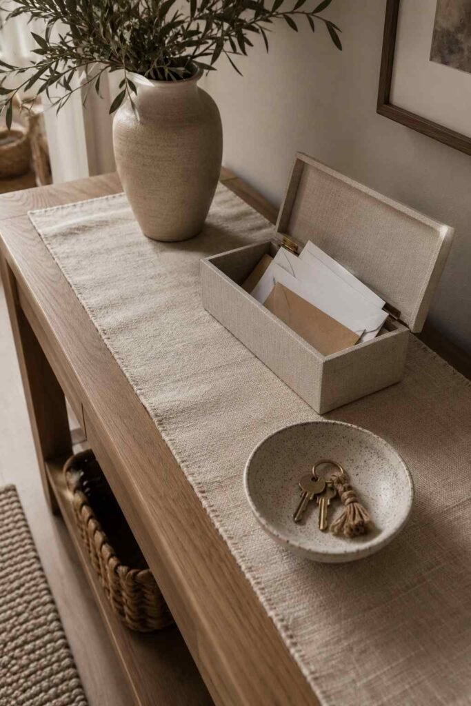 Linen runner and key bowl vignette for cozy console table styling