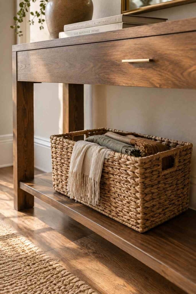 Woven basket storage idea for cozy console table styling in entryway