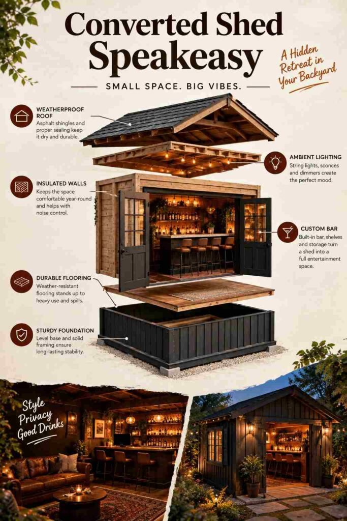 Converted shed speakeasy with a custom bar, warm lighting, insulated walls, durable flooring, and a weatherproof roof.