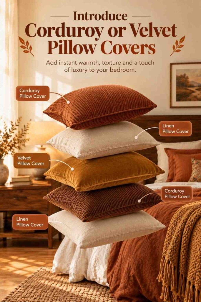 Exploded view of corduroy, velvet, and linen pillow covers in warm autumn colors, layered above a cozy bedroom with terracotta bedding and a mustard knit throw.