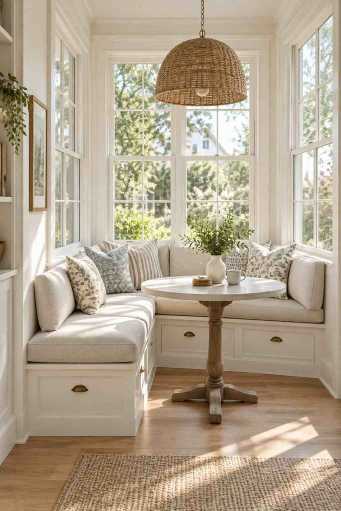 Corner banquette seating as space-saving indoor sunroom furniture